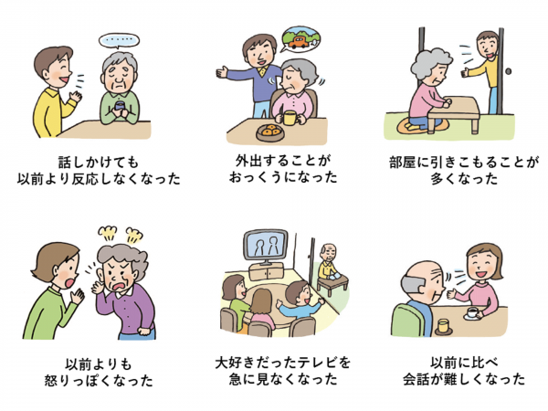 話しかけても 以前より反応しなくなった、外出することがおっくうになった、部屋に引きこもることが多くなった、以前よりも怒りっぽくなった、大好きだったテレビを急に見なくなった、以前に比べ会話が難しくなった