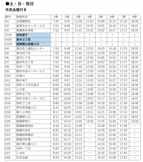 膝折・溝沼線　市民会館行き　土日祝日新時刻表
