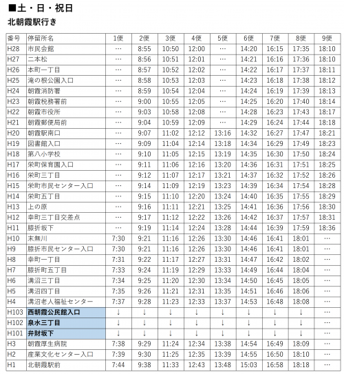 膝折・溝沼線　北朝霞駅前行き　土日祝日新時刻表